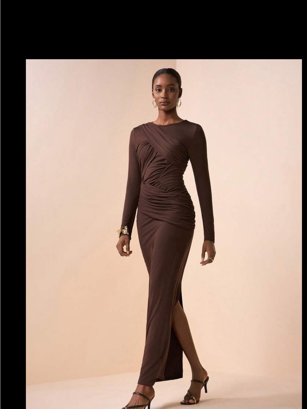 SHEIN Brown Long-Sleeve Ruched Side-Slit Maxi Dress